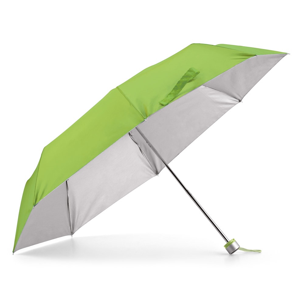 Guarda-chuva dobrável manual em poliéster 190T com interior cinza personalizado com a logo da empresa, na cor verde claro
