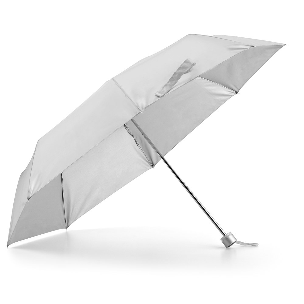 Guarda-chuva dobrável manual em poliéster 190T com interior cinza personalizado com a logo da empresa, na cor cromado satinado