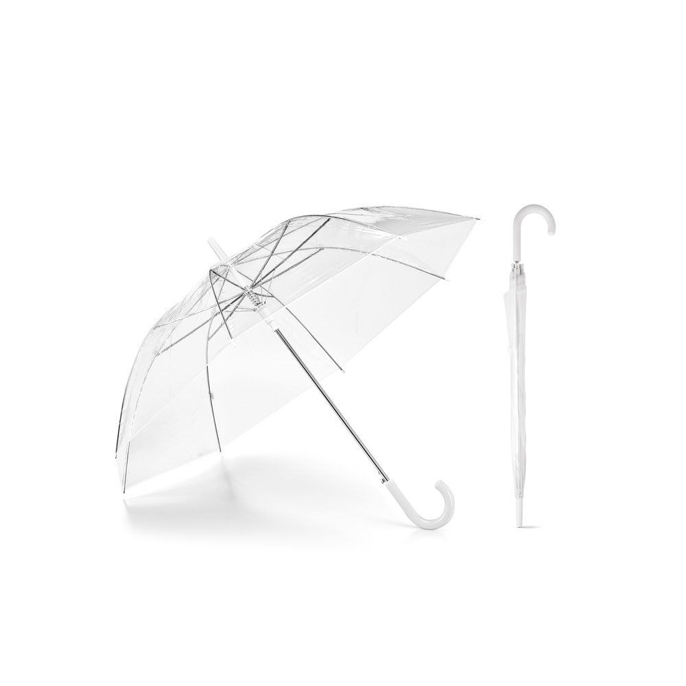 Guarda-chuva transparente em POE automático com acabamento branco personalizado com a logo da empresa