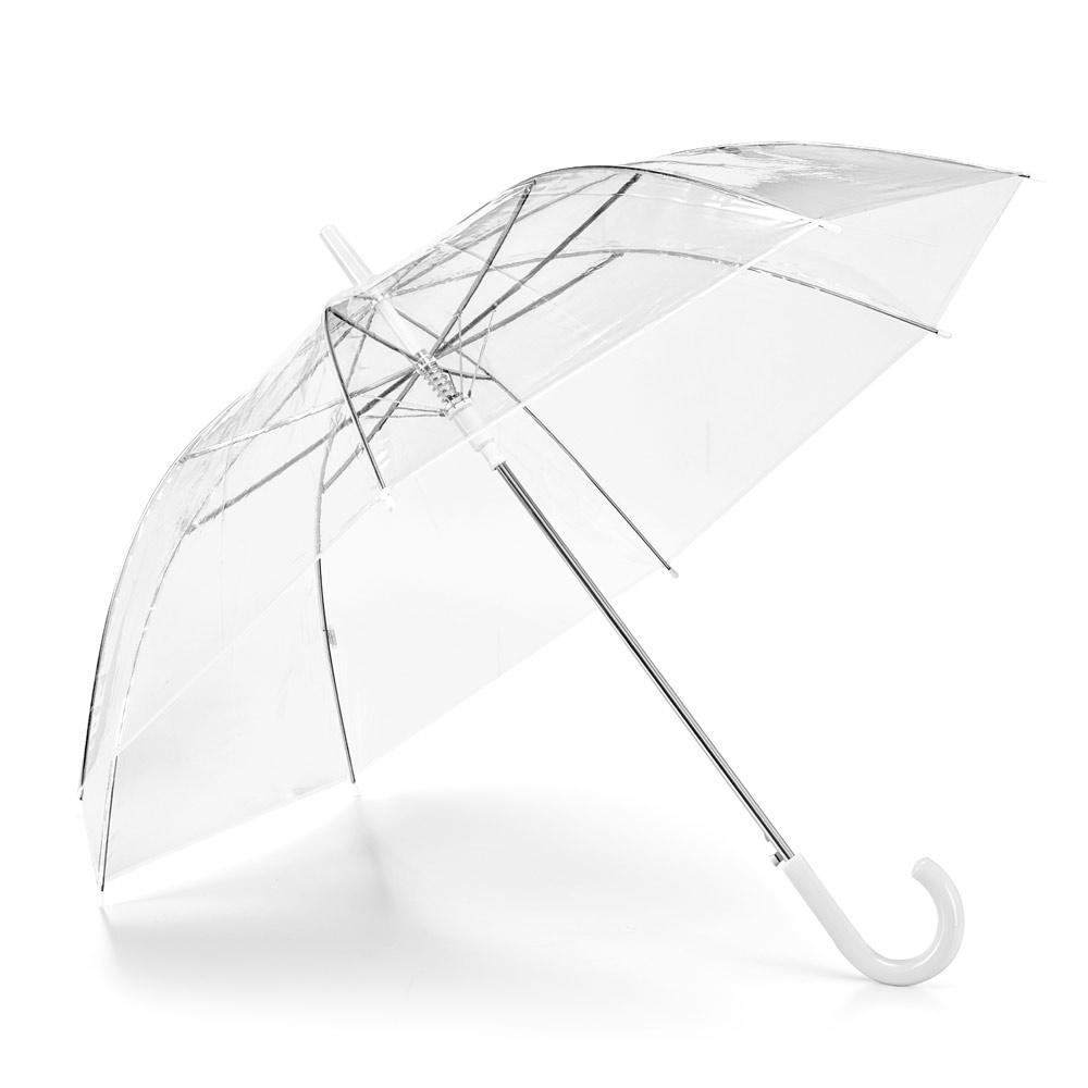Guarda-chuva transparente em POE automático com acabamento branco na cor Branco, personalizado com a logo da empresa