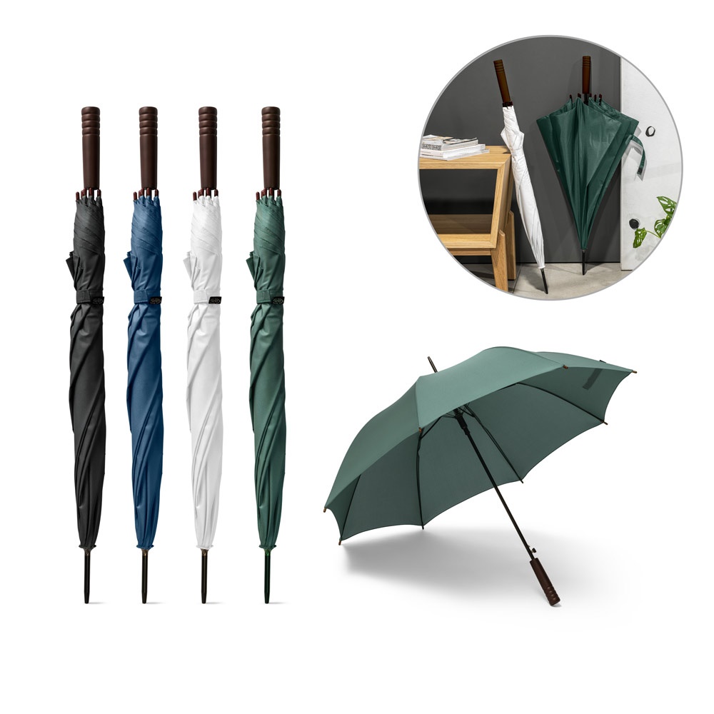 Guarda-chuva automático em pongee reciclado com pega de madeira personalizado com a logo da empresa