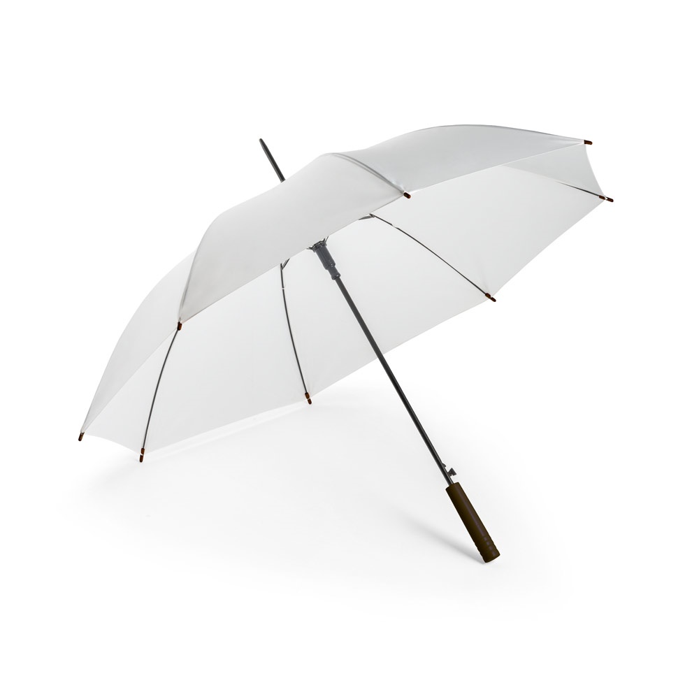 Guarda-chuva automático em pongee reciclado com pega de madeira na cor Branco, personalizado com a logo da empresa