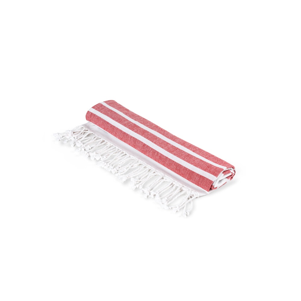 Toalha de praia em algodão e poliéster reciclados (180 g/m²) na cor Vermelho, personalizada com a logo da empresa