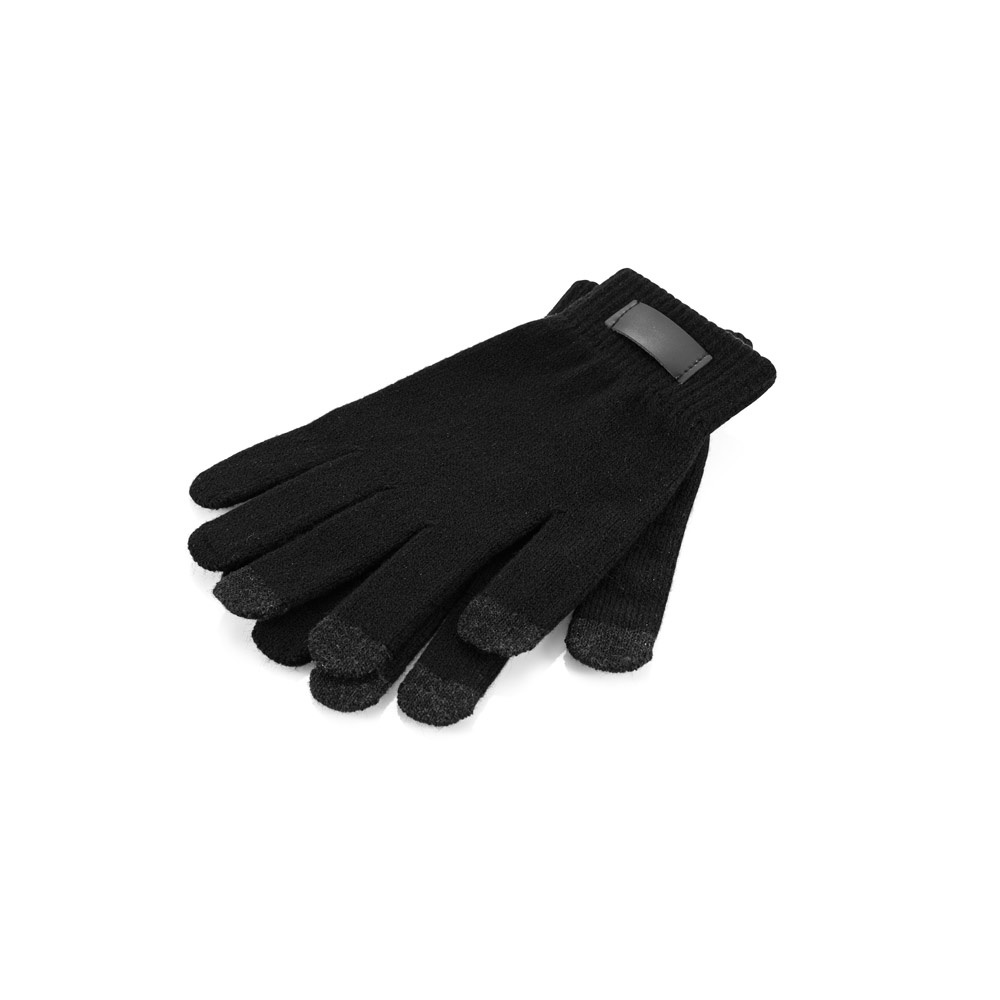 Luvas em poliéster 100% reciclado, com pontas touch na cor Preto, personalizadas com a logo da empresa