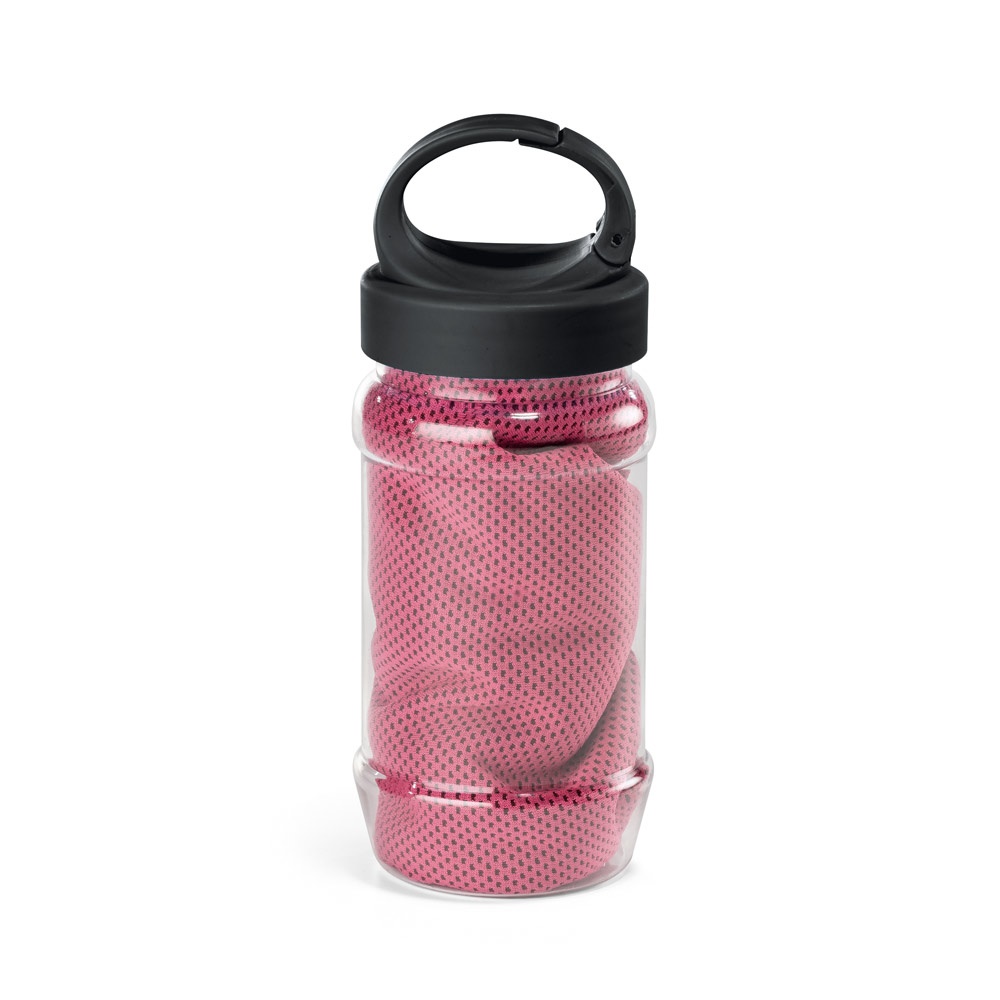 Conjunto composto por toalha e garrafa em poliamida e poliéster personalizado com a logo da empresa, na cor rosa