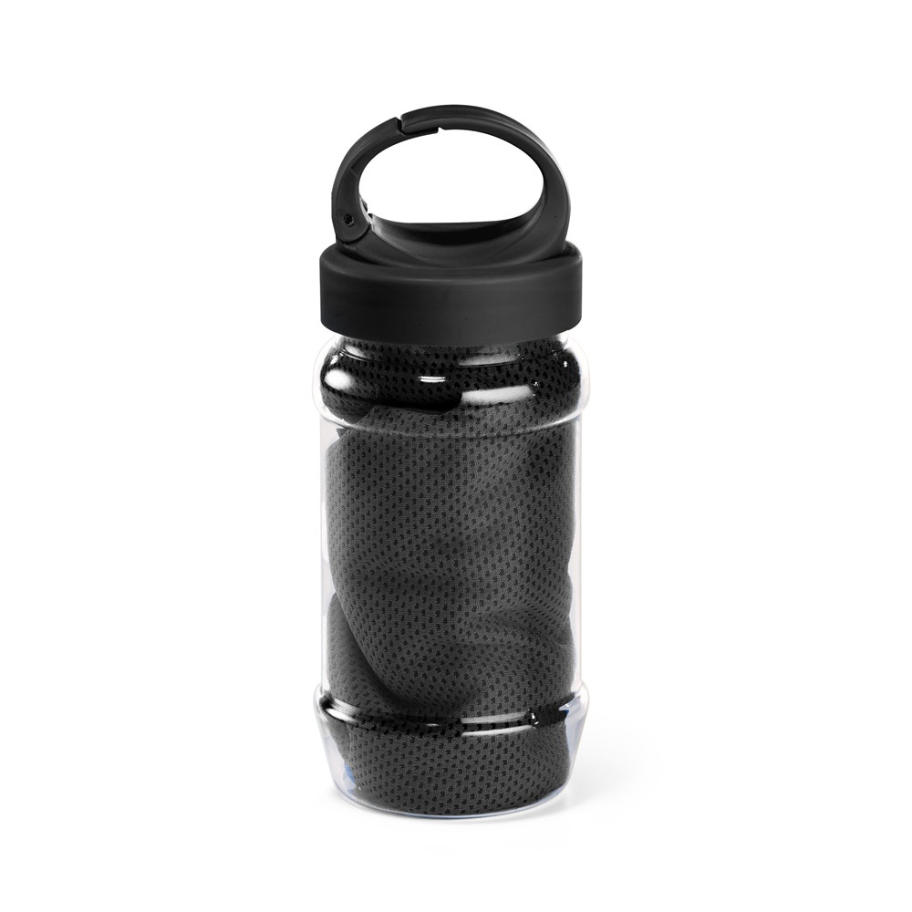 Conjunto composto por toalha e garrafa em poliamida e poliéster na cor Preto, personalizado com a logo da empresa