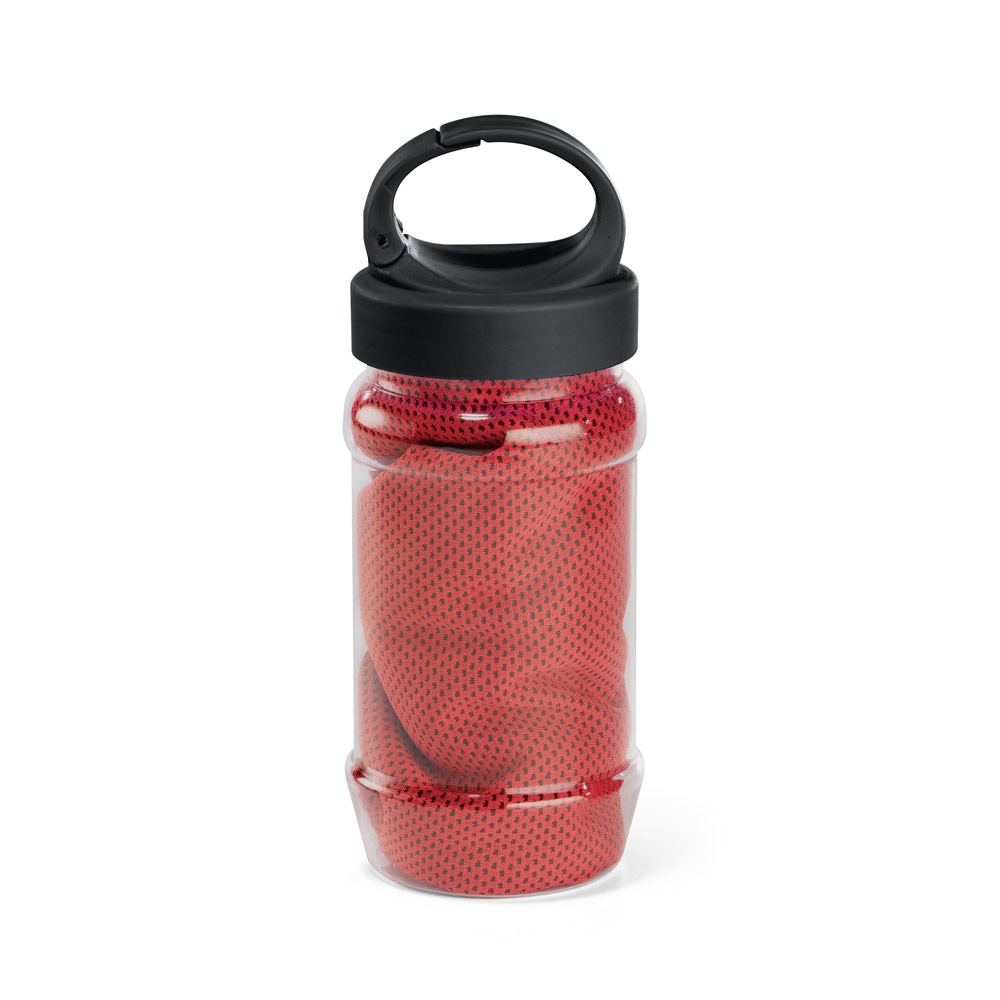 Conjunto composto por toalha e garrafa em poliamida e poliéster personalizado com a logo da empresa, na cor vermelho