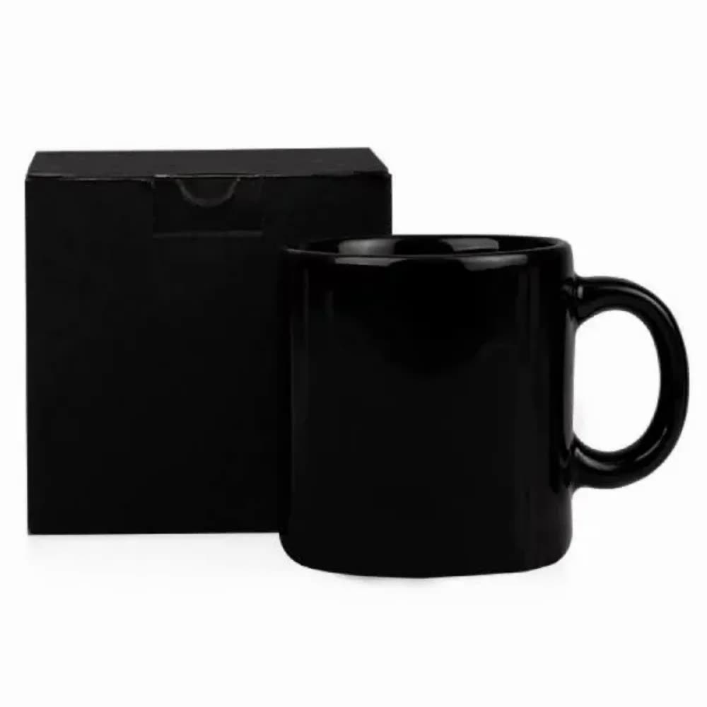 Caneca de cerâmica preta 270 ml com caixa personalizada com a logo da empresa