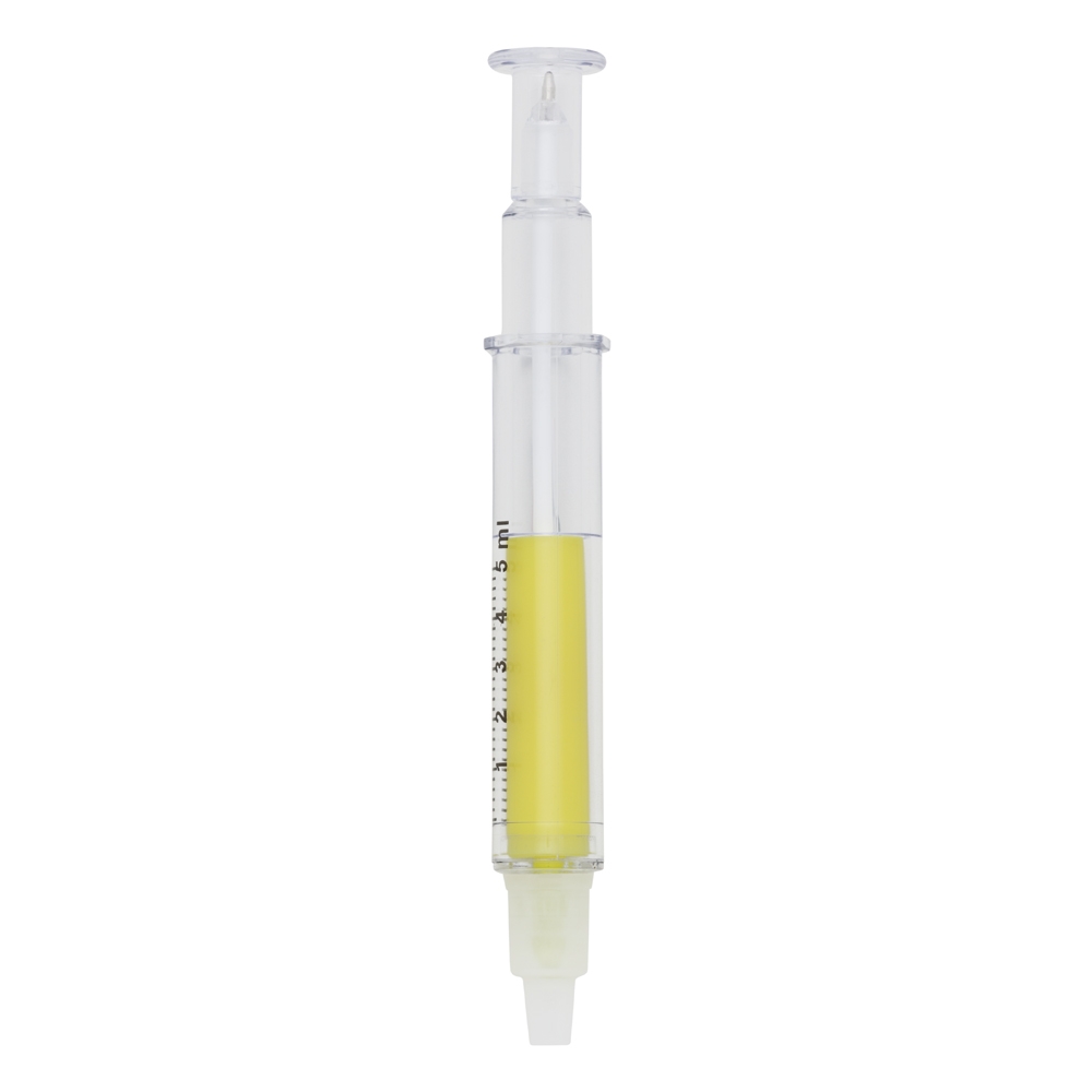 Caneta de plástico em formato de seringa com marca texto personalizada com a logo da empresa, na cor amarelo