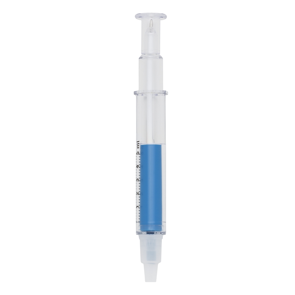 Caneta de plástico em formato de seringa com marca texto na cor Azul, personalizada com a logo da empresa