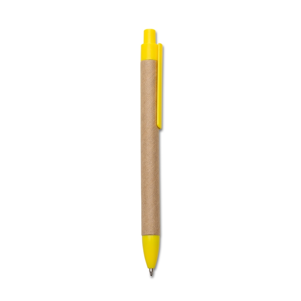 Caneta eco. com detalhe plástico personalizada com a logo da empresa, na cor amarelo