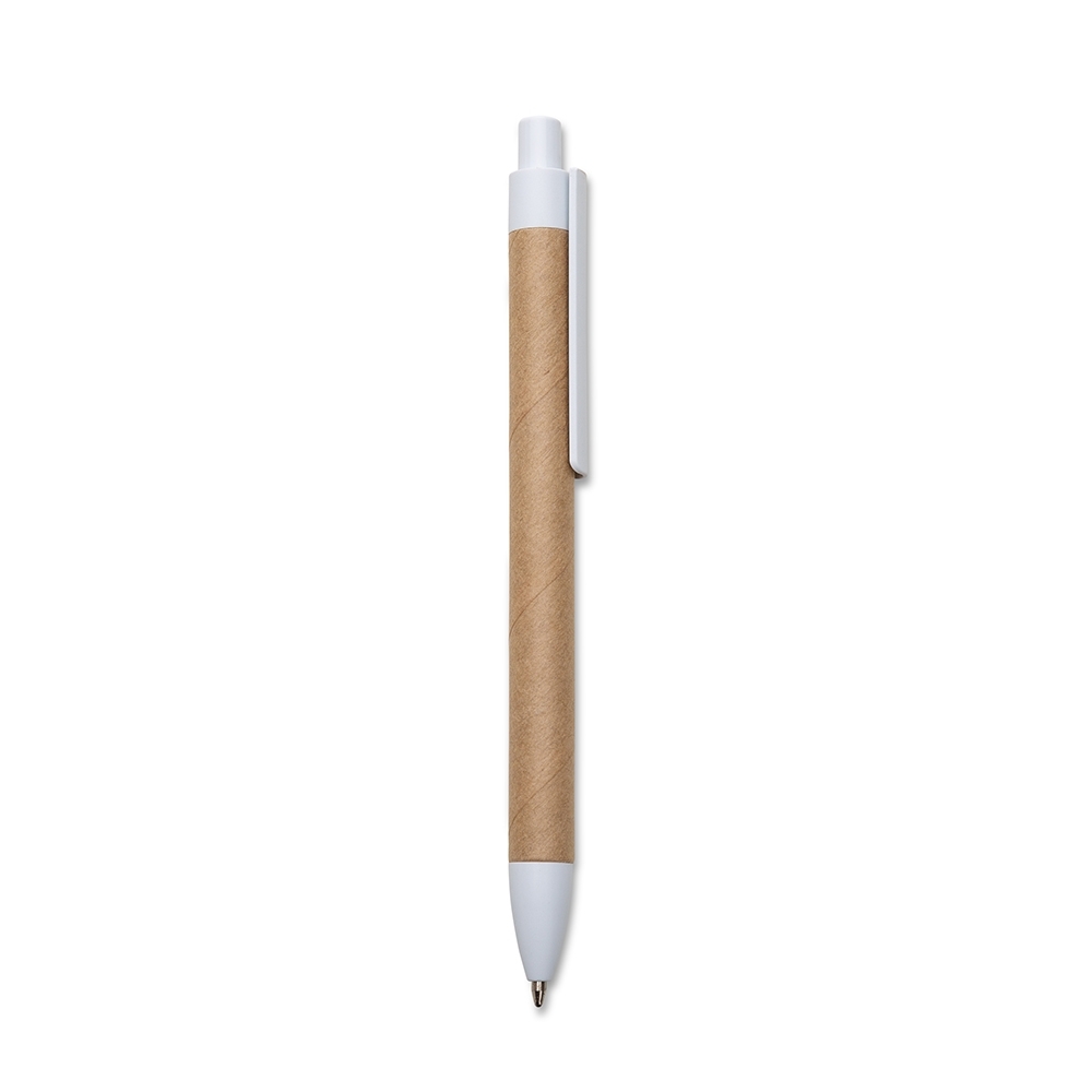 Caneta eco. com detalhe plástico personalizada com a logo da empresa, na cor branco