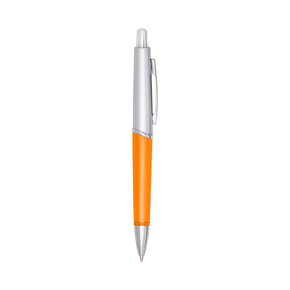 Caneta plástica com metade superior prateada e inferior colorida na cor Prata / Laranja, personalizada com a logo da empresa