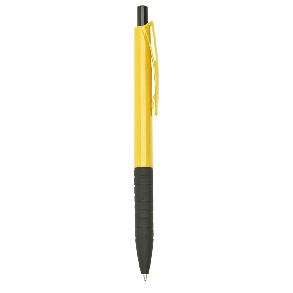 Caneta plástica de corpo colorido com pega preta em anéis personalizada com a logo da empresa