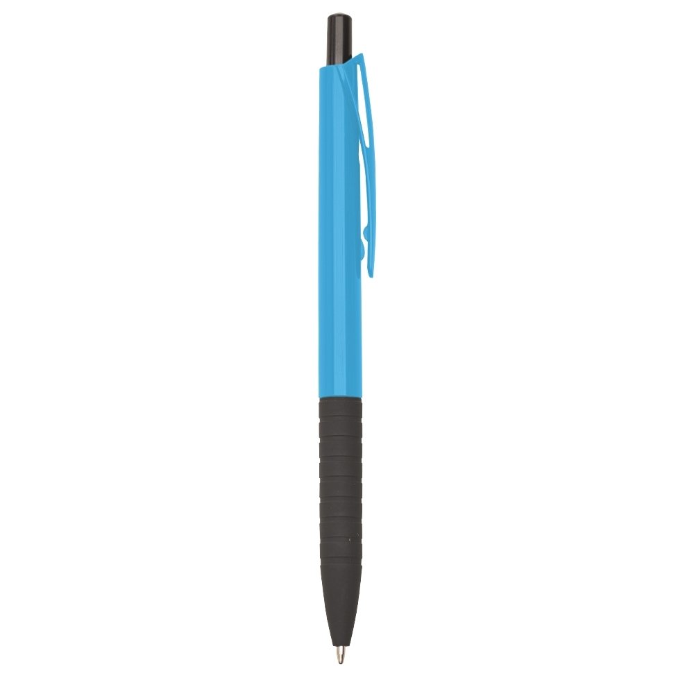Caneta plástica de corpo colorido com pega preta em anéis na cor Azul claro / Preto, personalizada com a logo da empresa