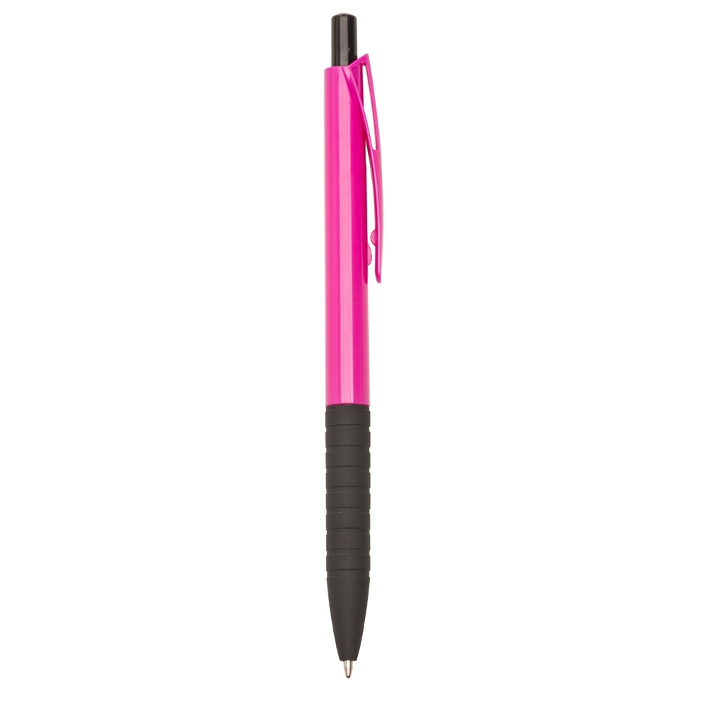 Caneta plástica de corpo colorido com pega preta em anéis
