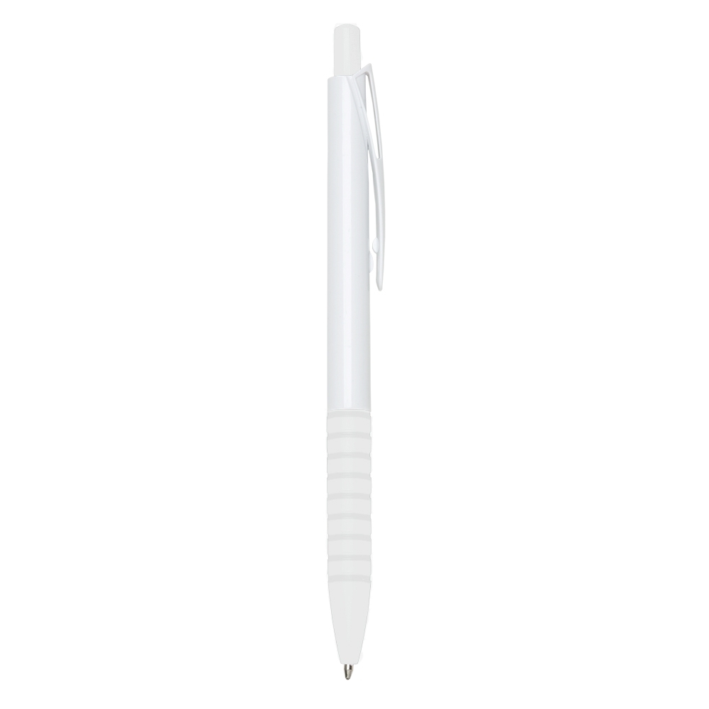 Caneta plástica de corpo branco com pega em anéis personalizada com a logo da empresa