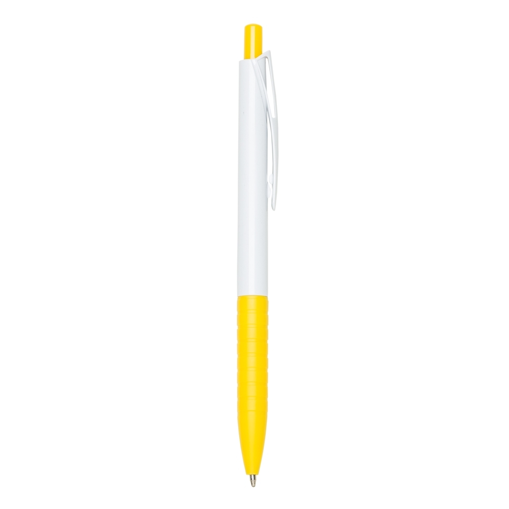 Caneta plástica de corpo branco com pega em anéis personalizada com a logo da empresa, na cor amarelo / branco