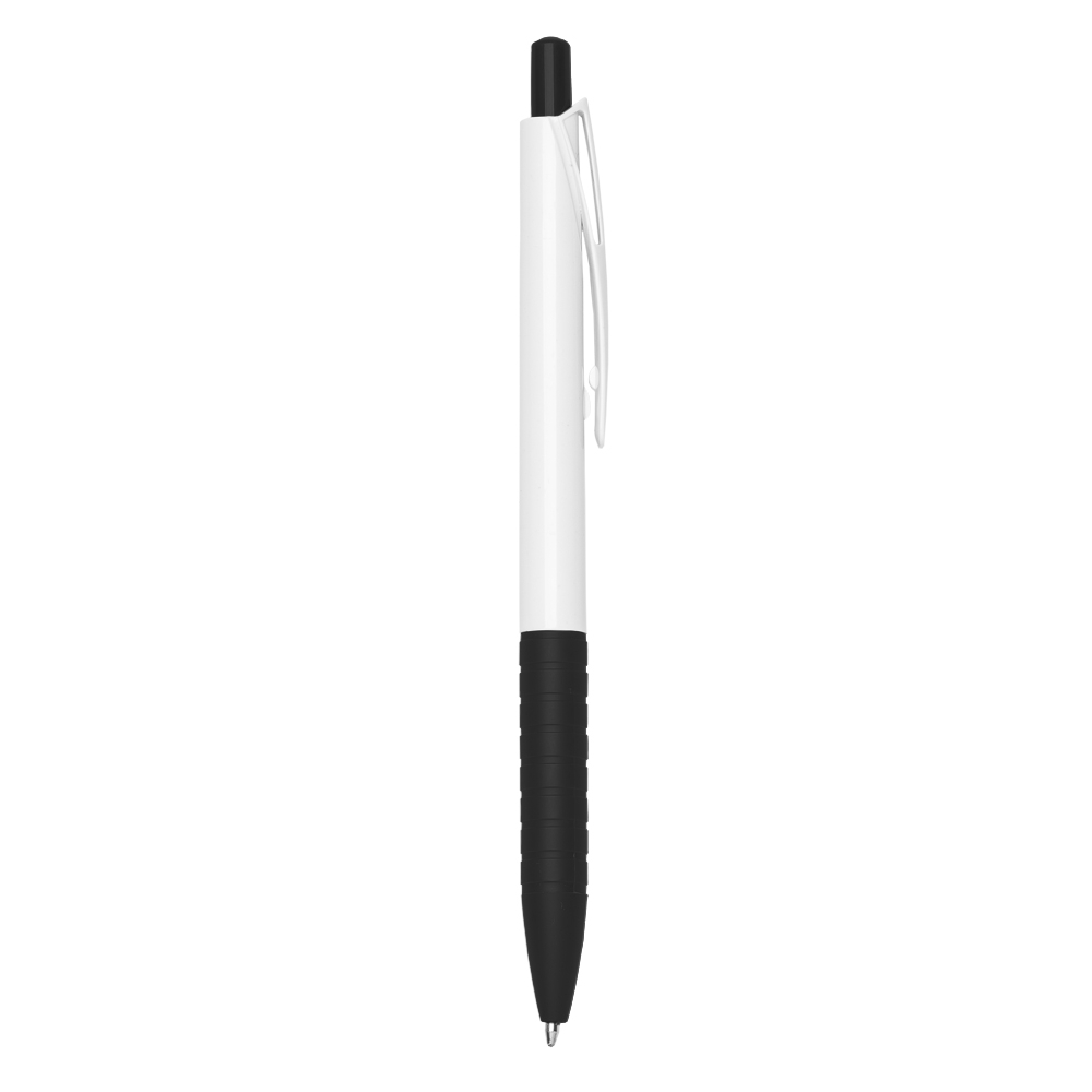 Caneta plástica de corpo branco com pega em anéis na cor Preto / Branco, personalizada com a logo da empresa