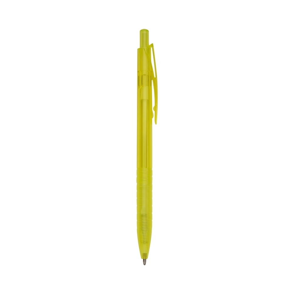 Caneta plástica translúcida fina com pega em anéis na cor Amarelo, personalizada com a logo da empresa