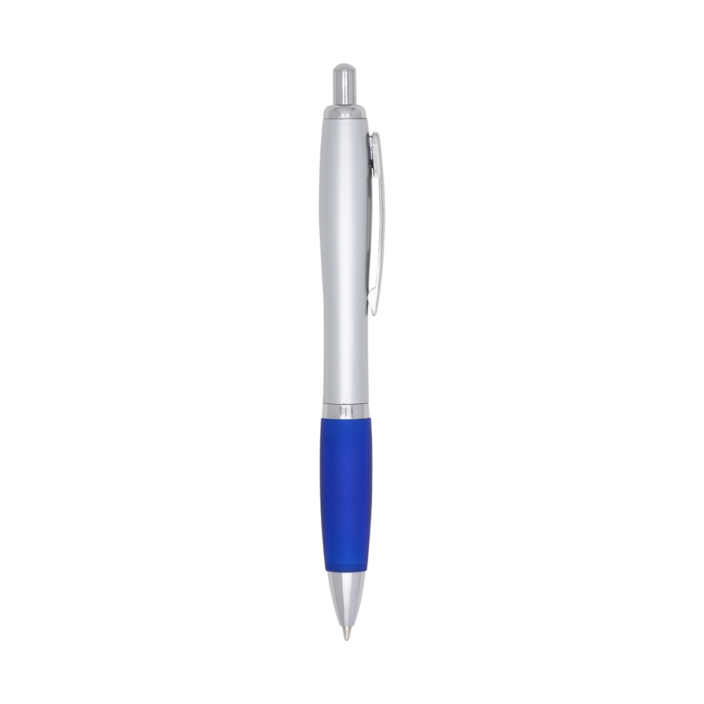 Caneta plástica prateada abaulada com pega emborrachada colorida na cor Prata / Azul, personalizada com a logo da empresa