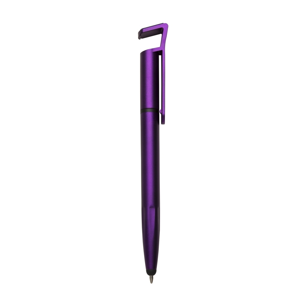 Caneta base celular limpeza tela e ponta touch de plástico personalizada com a logo da empresa, na cor roxo