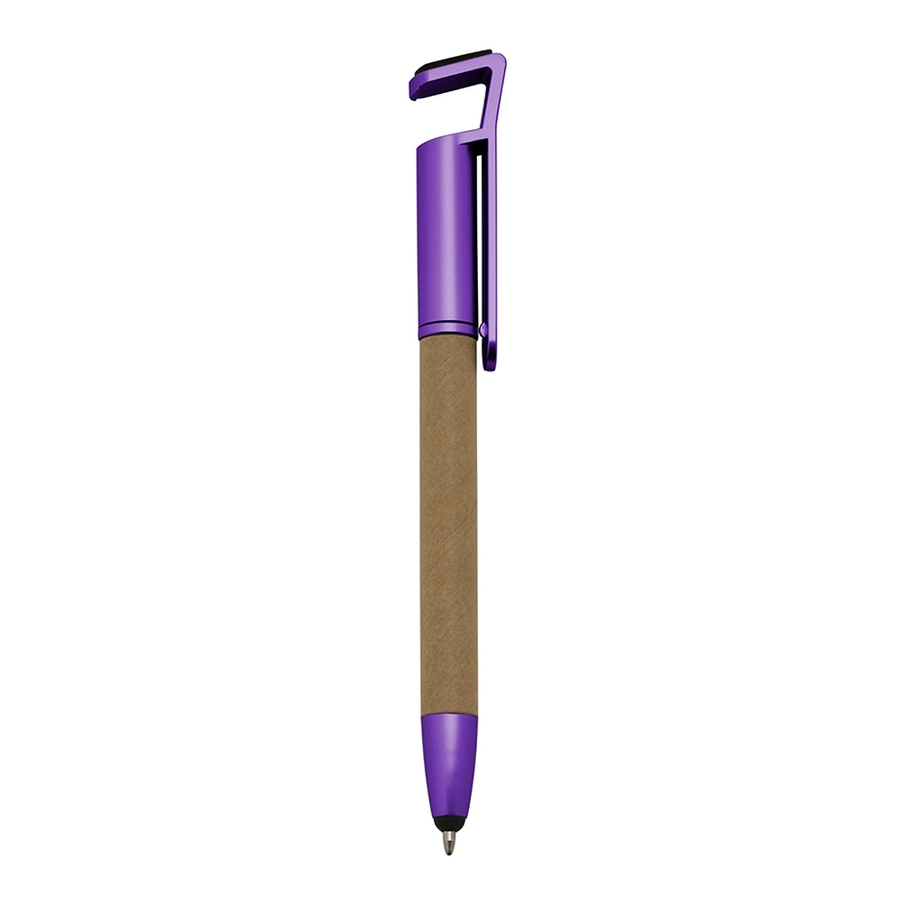 Caneta ecológica base touch para celular personalizada com a logo da empresa, na cor roxo