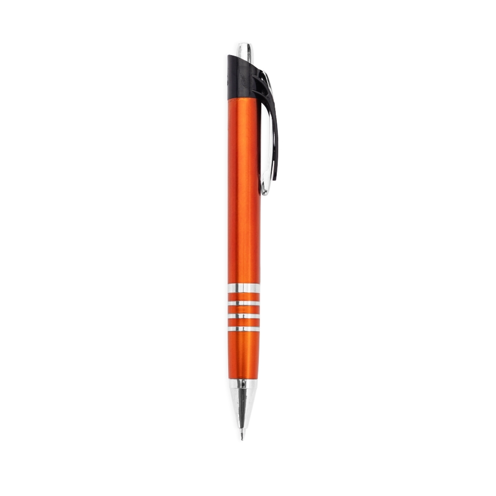 Caneta plástica metalizada com topo preto e anéis na pega personalizada com a logo da empresa, na cor laranja