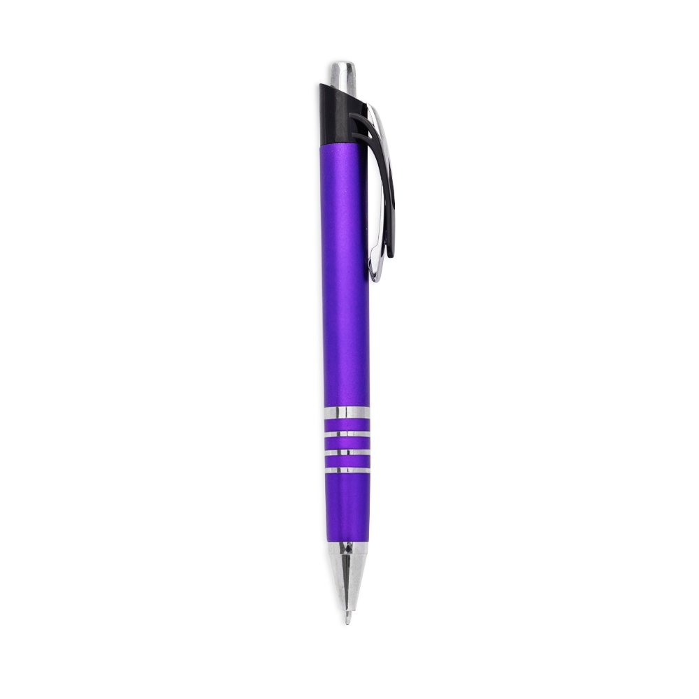 Caneta plástica metalizada com topo preto e anéis na pega personalizada com a logo da empresa, na cor roxo