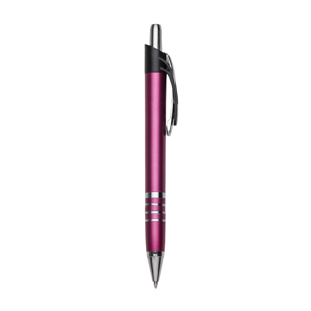 Caneta plástica metalizada com topo preto e anéis na pega personalizada com a logo da empresa, na cor rosa claro