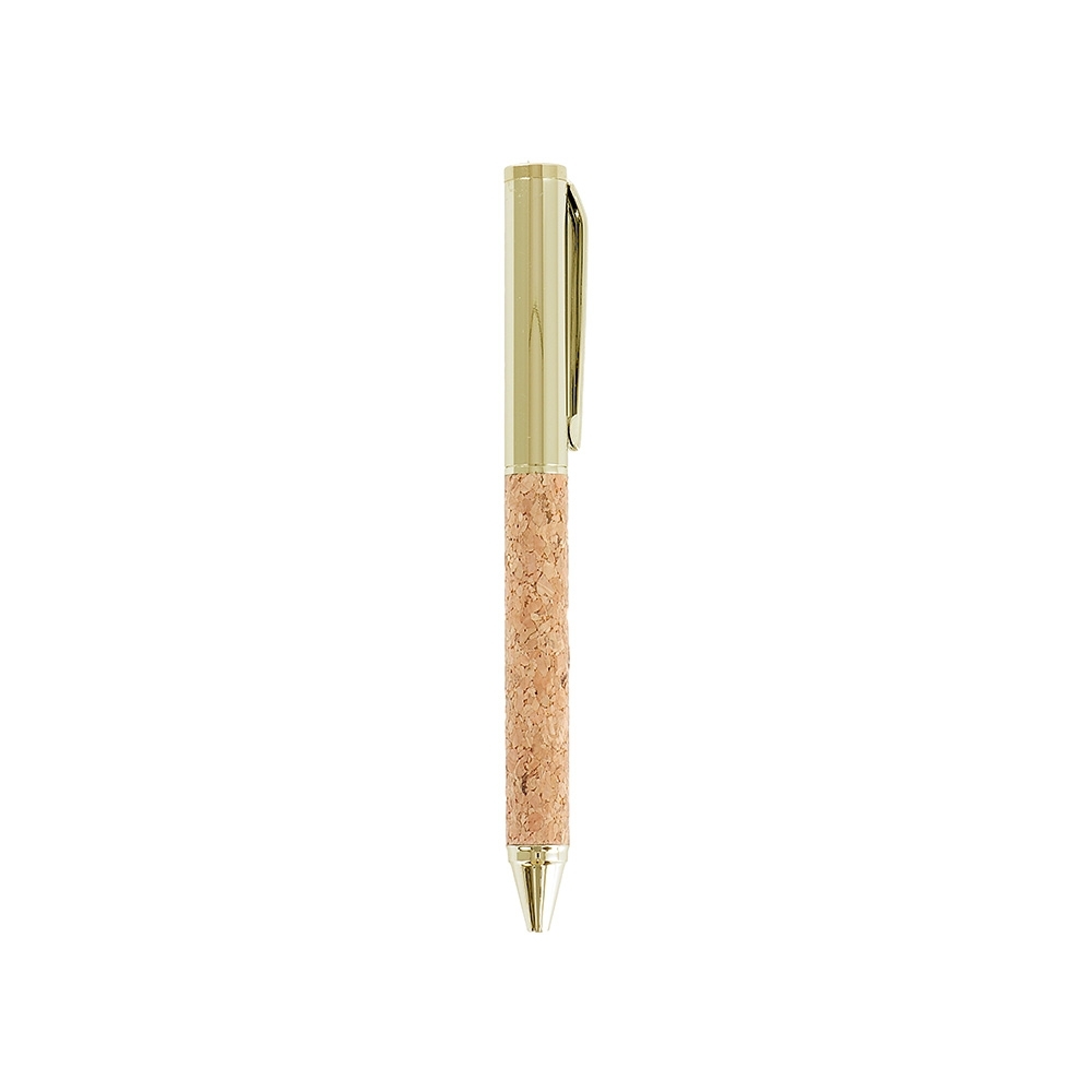 Caneta de metal e cortiça giratória personalizada com a logo da empresa, na cor bege / dourado