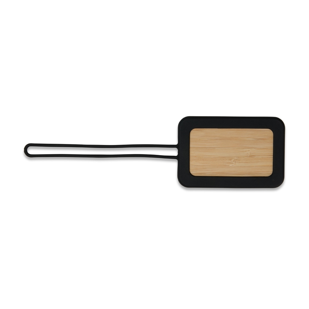 Tag identificador de bagagem de bambu na cor Preto, com a logo da empresa