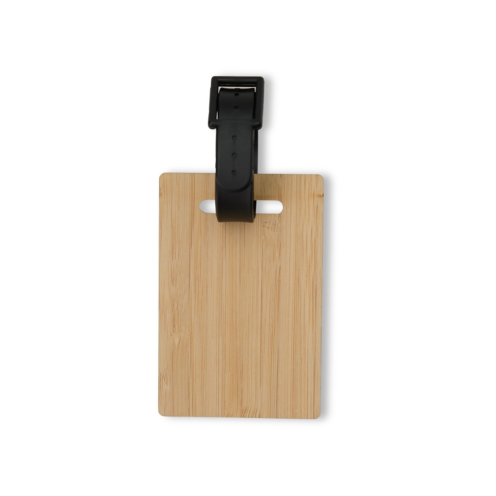 Tag identificador de bagagem de bambu com a logo da empresa