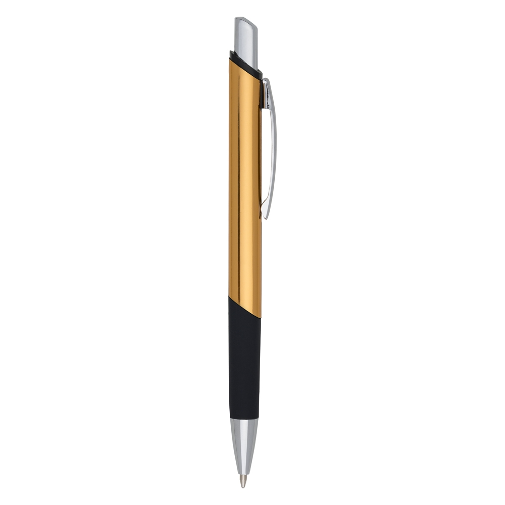 Caneta de metal brilhante com detalhe emborrachado personalizada com a logo da empresa, na cor dourado / preto