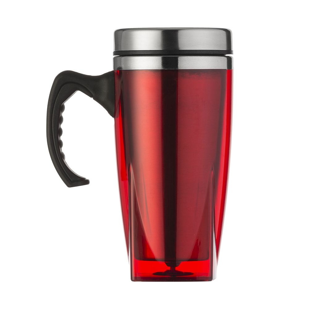 Caneca 450 ml fundo quadrado personalizada com a logo da empresa, na cor vermelho / inox