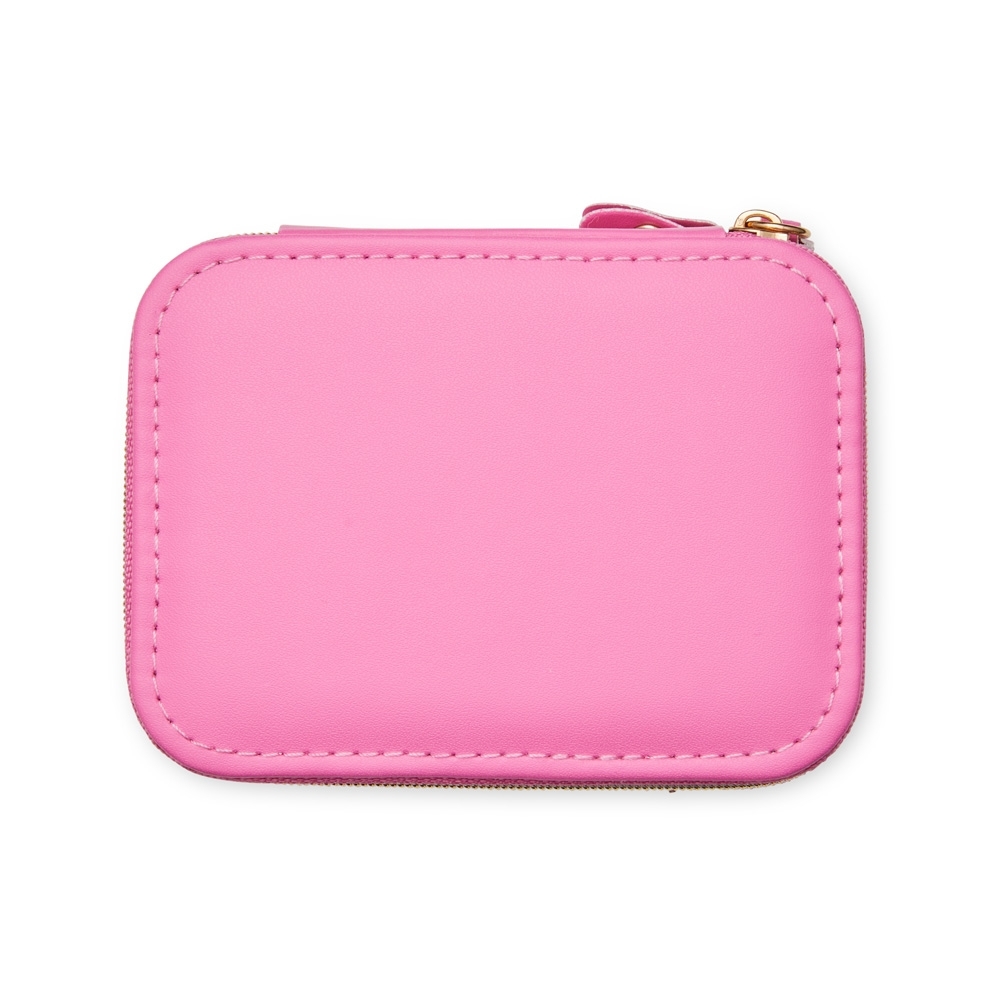 Porta-joias de couro sintético retangular com dois compartimentos personalizado com a logo da empresa, na cor pink