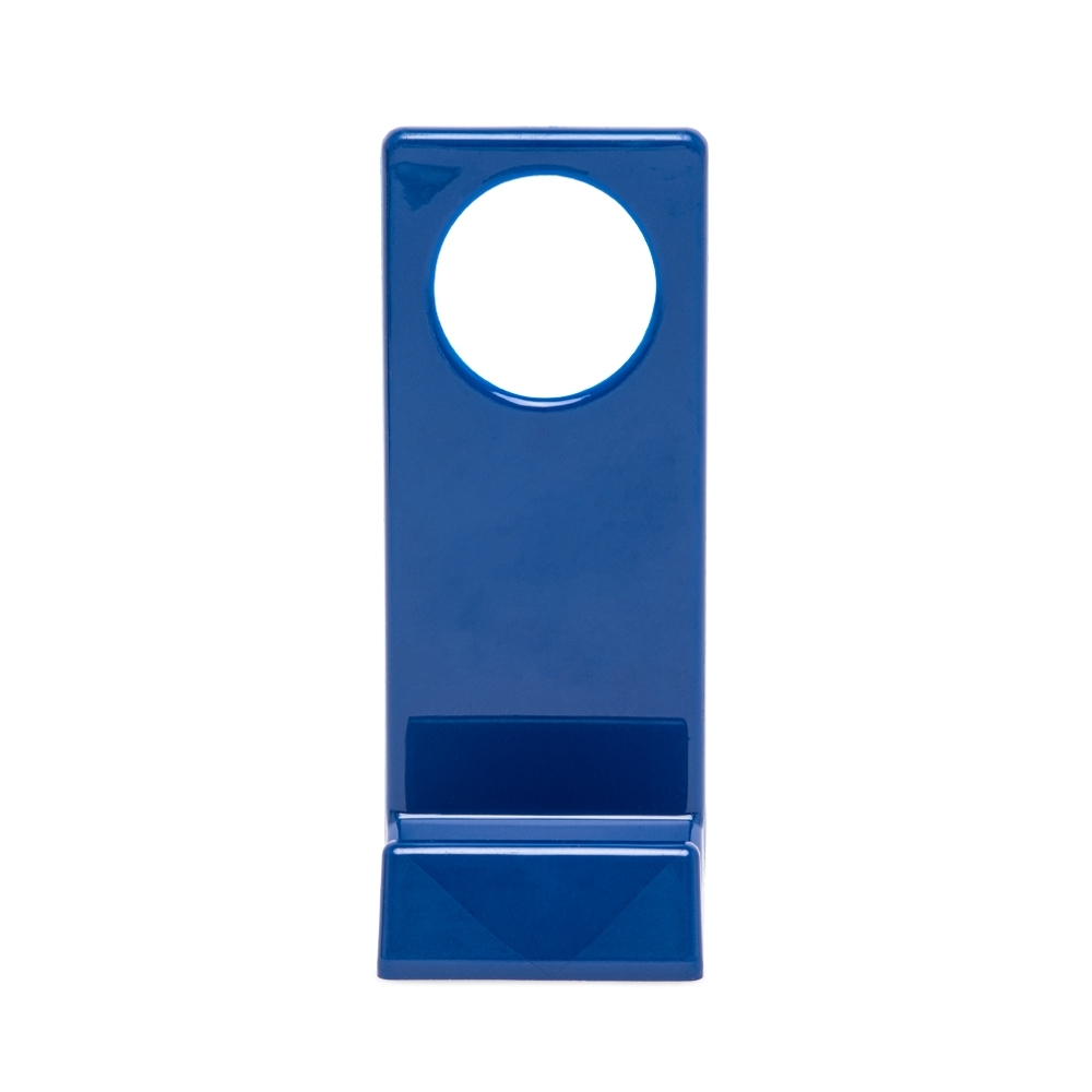 Suporte plástico para celular com furo para carregador personalizado com a logo da empresa, na cor azul