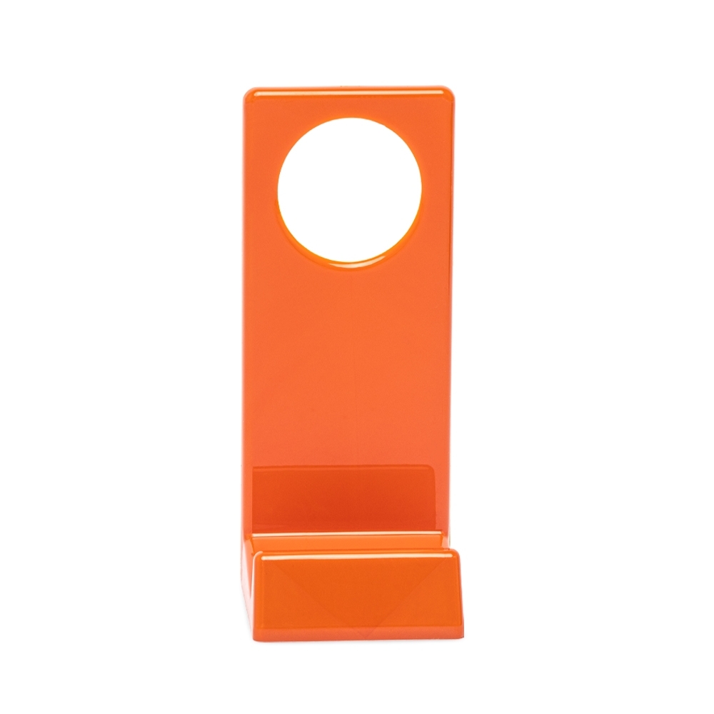 Suporte plástico para celular com furo para carregador personalizado com a logo da empresa, na cor laranja