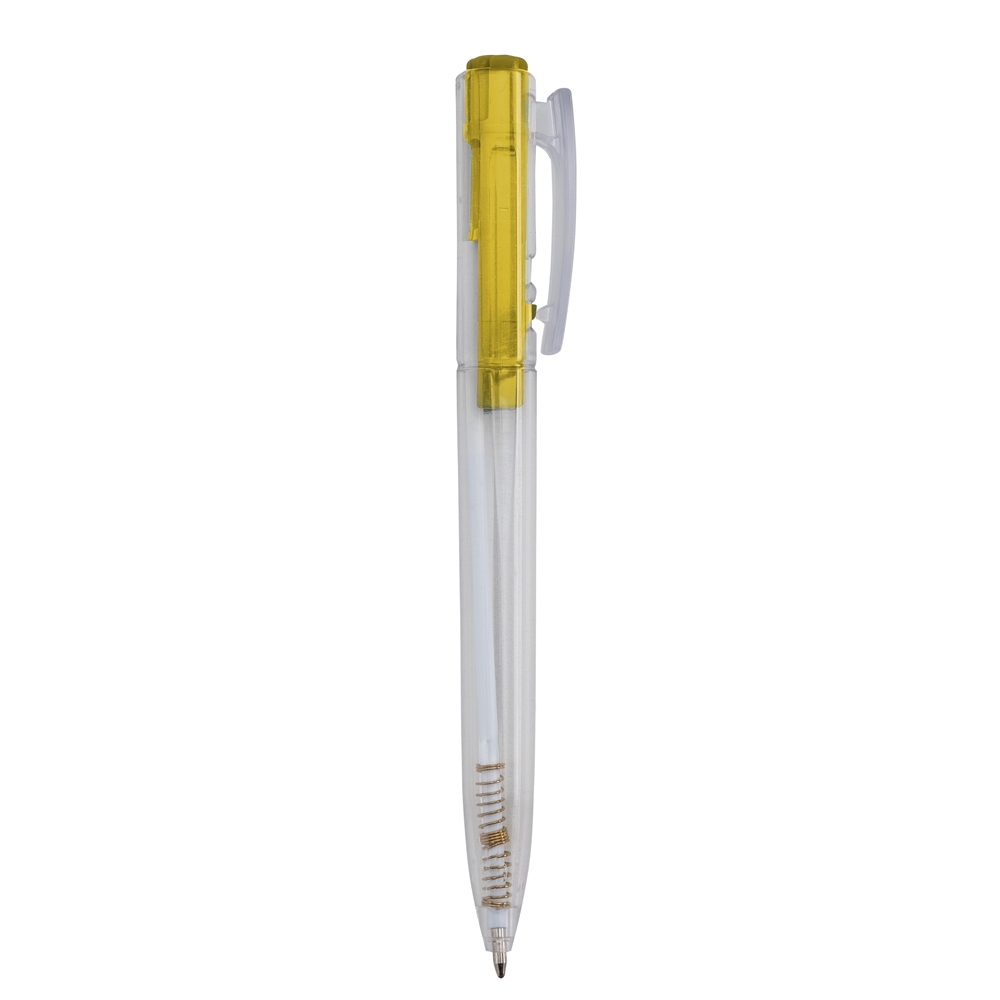 Caneta plástica de corpo transparente com topo colorido e clipe largo personalizada com a logo da empresa
