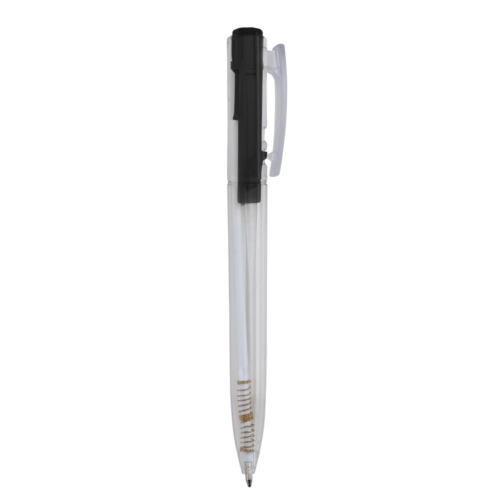 Caneta plástica de corpo transparente com topo colorido e clipe largo na cor Preto / Transparente, personalizada com a logo da empresa