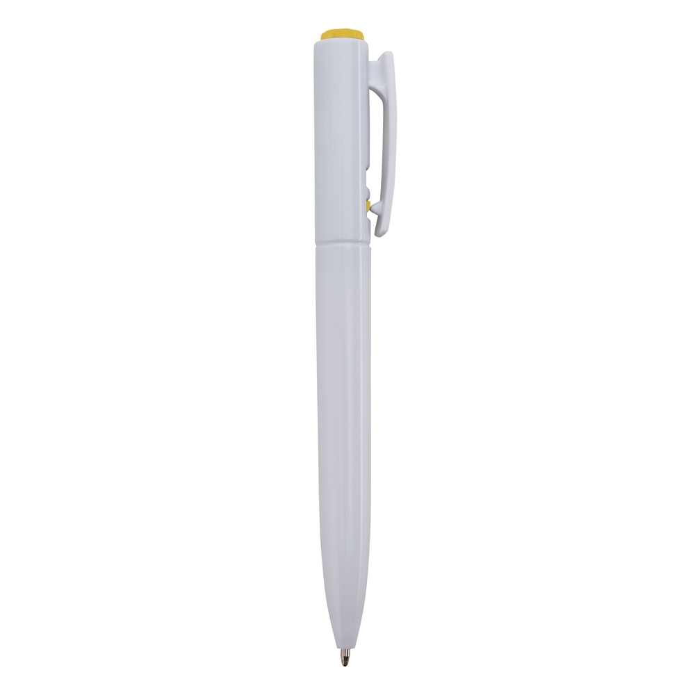 Caneta plástica de corpo branco com clipe largo e botão colorido na cor Branco / Amarelo, personalizada com a logo da empresa