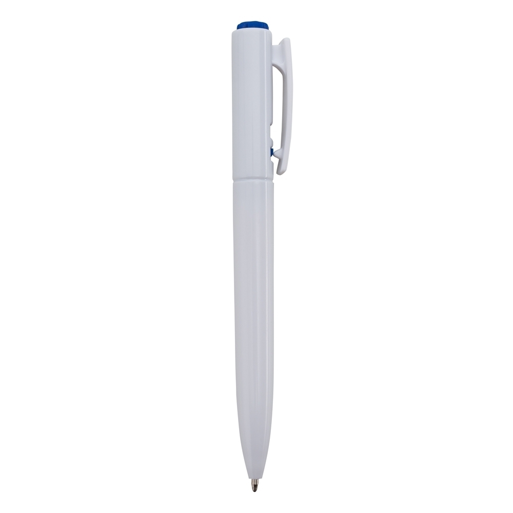 Caneta plástica com tinta preta, corpo branco e clipe largo na cor Branco / Azul, personalizada com a logo da empresa