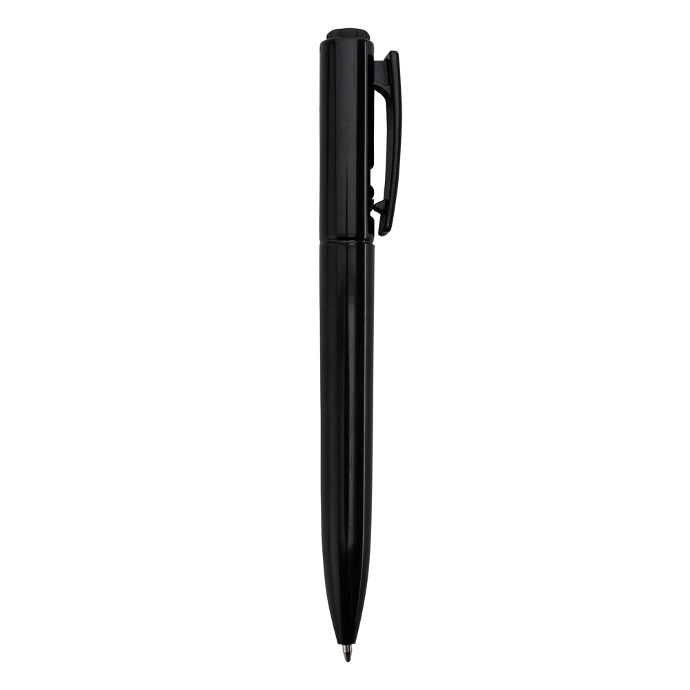 Caneta plástica leitosa com clipe largo na cor Preto, personalizada com a logo da empresa