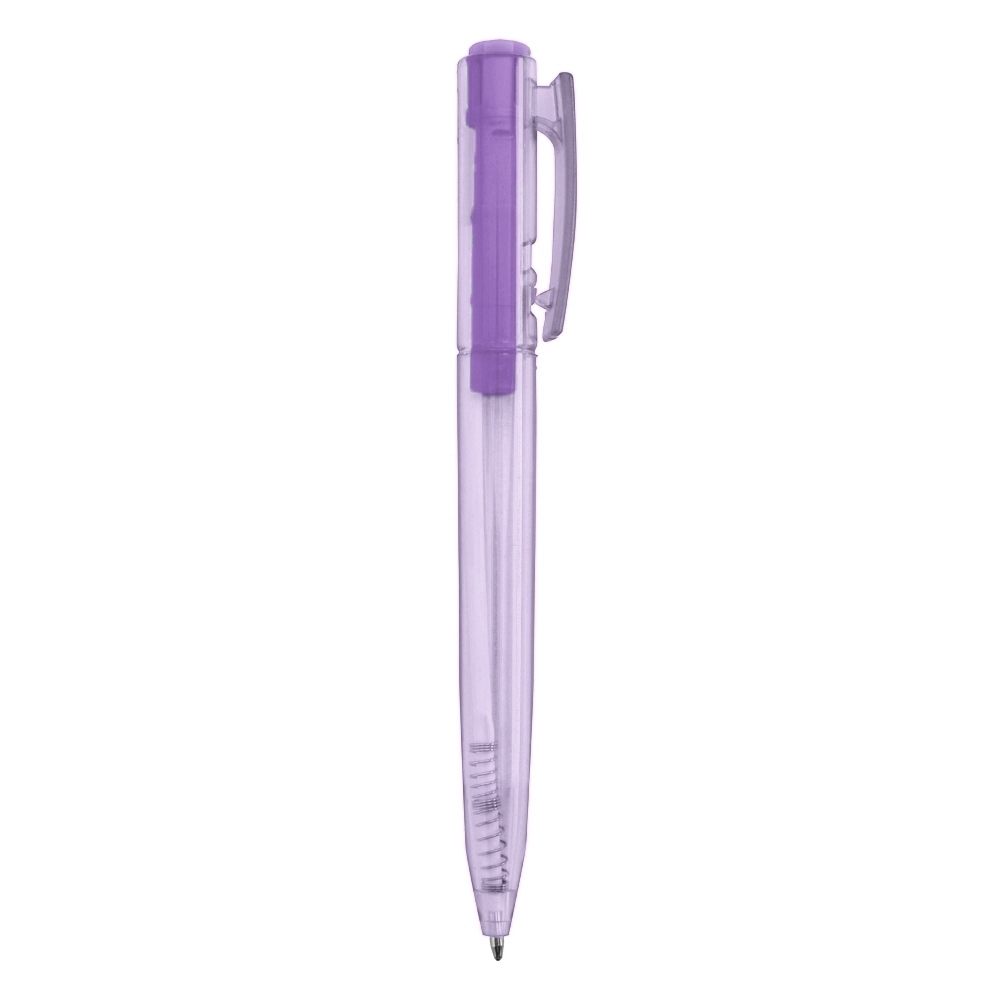 Caneta plástica translúcida com clipe largo personalizada com a logo da empresa, na cor roxo