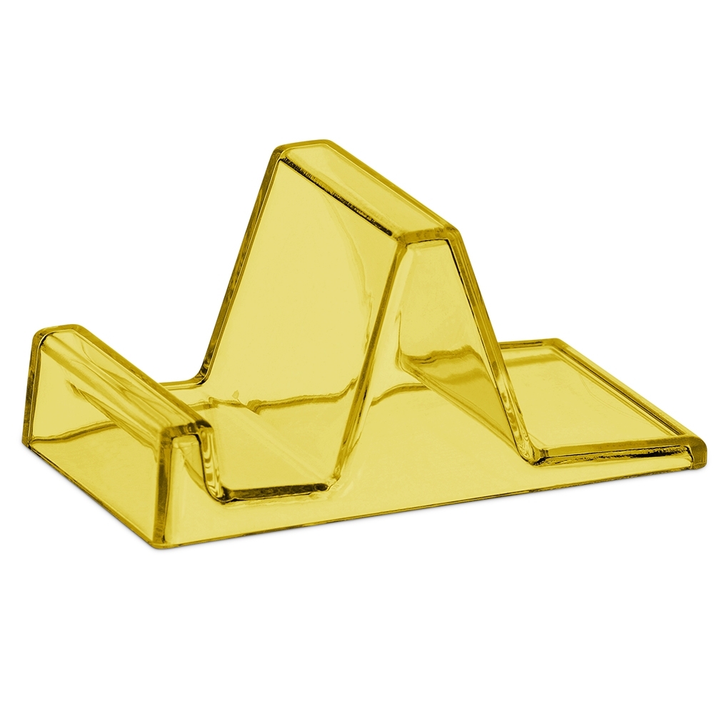 Suporte para celular em acrílico translúcido personalizado com a logo da empresa, na cor amarelo