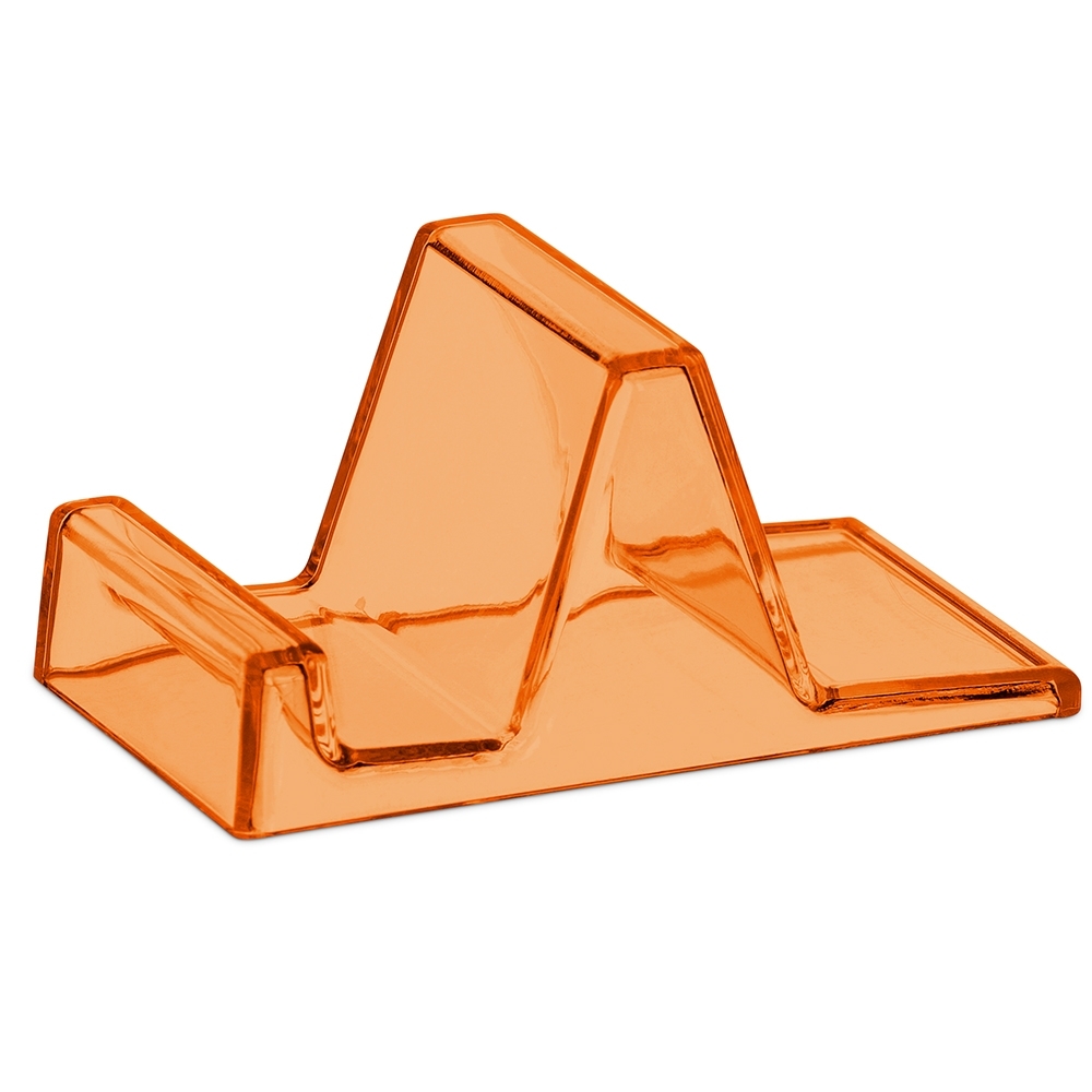 Suporte para celular em acrílico translúcido personalizado com a logo da empresa, na cor laranja