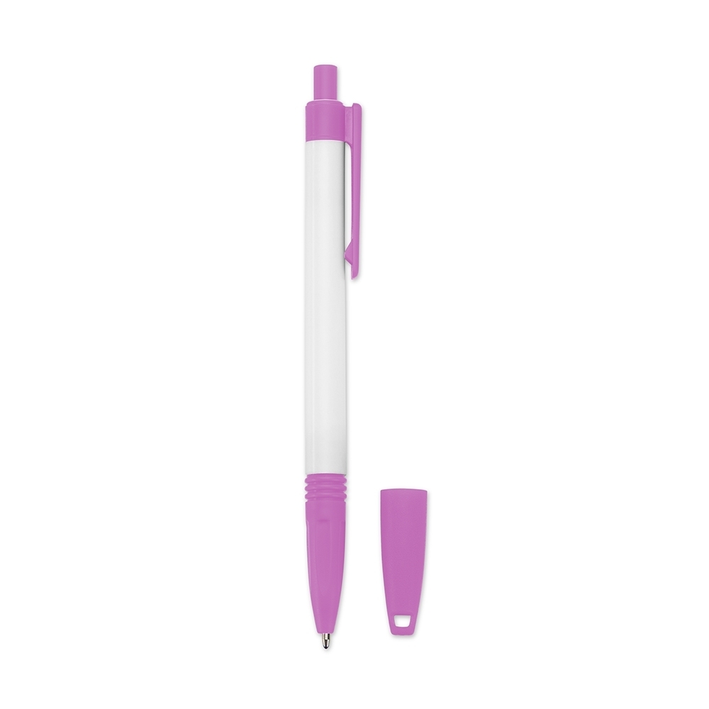 Caneta plástica com cordão de poliéster e tampa de encaixe na cor Branco / Rosa, personalizada com a logo da empresa