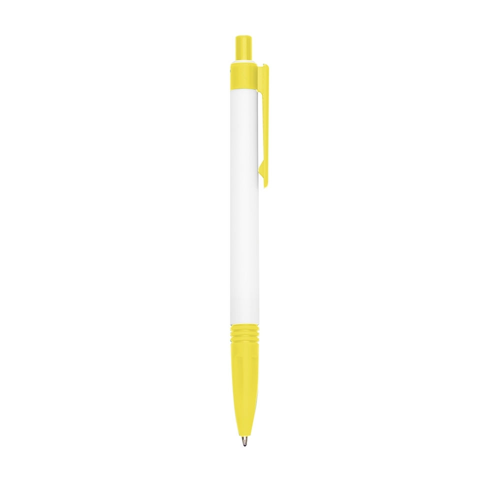 Caneta plástica leitosa com pega em anéis e clipe reto personalizada com a logo da empresa, na cor amarelo / branco