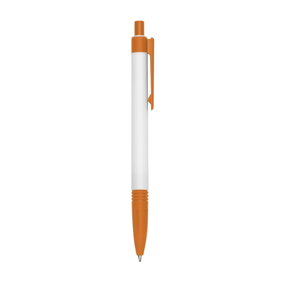 Caneta plástica leitosa com pega em anéis e clipe reto personalizada com a logo da empresa, na cor laranja / branco