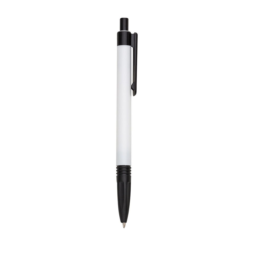 Caneta plástica leitosa com pega em anéis e clipe reto na cor Preto / Branco, personalizada com a logo da empresa